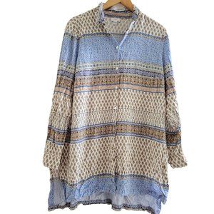 J.Jill Blue and tan printed long button up shirt collared size Large